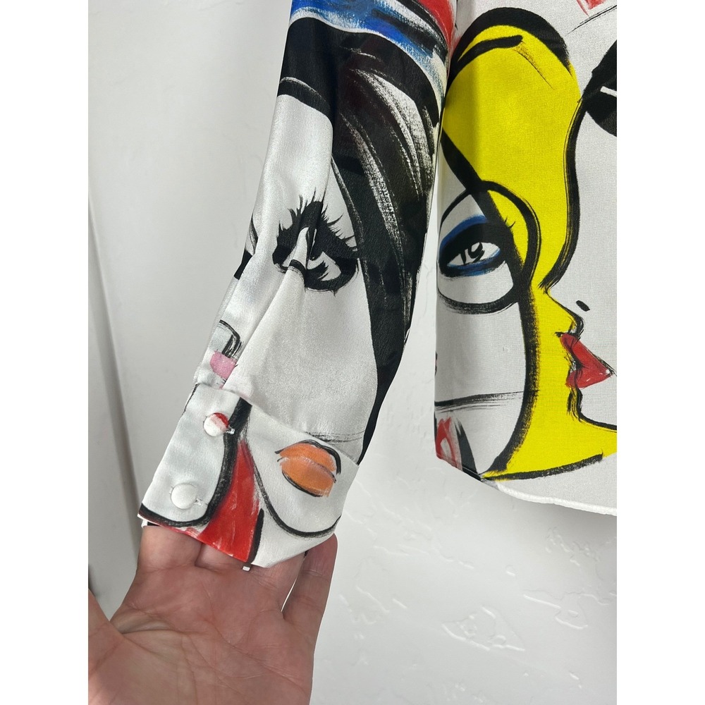 Alice + Olivia x Blair Z Willa Placket Silk Pop Art Button Down Blouse Top Small - Picture 4 of 14